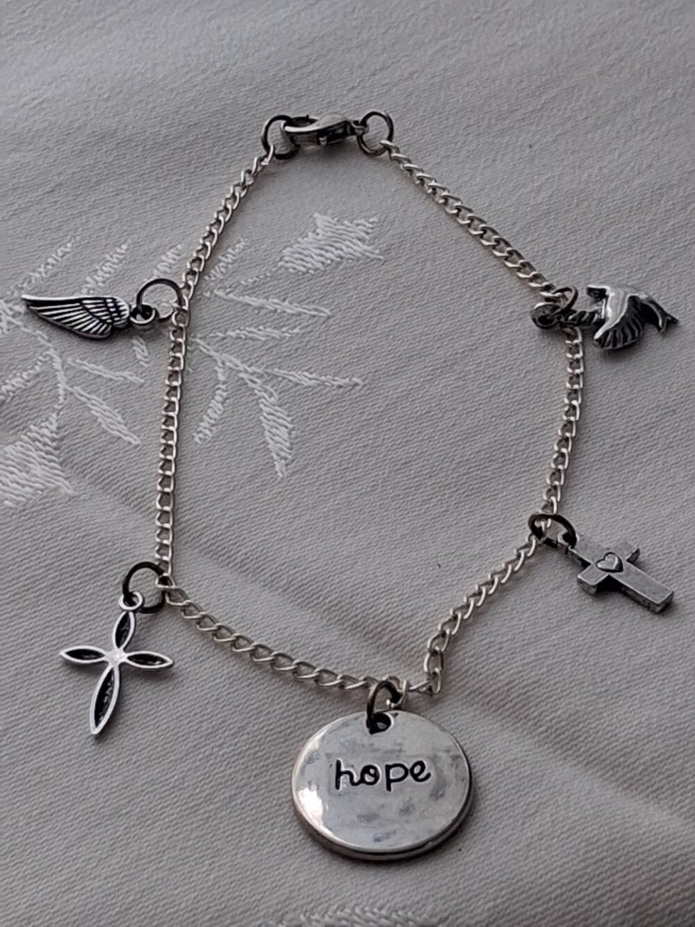 Silver Tone Christian Charm Bracelet Hope Dove Cross Angel Wing Faith